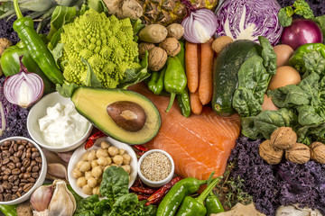 table top full of fresh vegetables, fruit, and other healthy foods