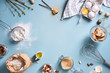 © juliet_boo - Baking or cooking background frame. Ingredients, kitchen items for baking cakes. Kitchen utensils, flour, eggs, almond, cinnamon, oil. Text space, top view.