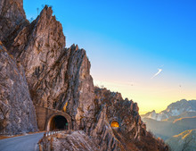 Alpi Apuane Mountain Road Pass And Double Tunnel View At Sunset. Carrara, Tuscany, Italy.