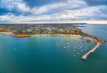 Beautiful Aerial Panorama Of Mornington Peninsula Coastline And Mornington Pier At Sunset. Melbourne, Victoria, Australia