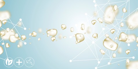 3d model of the molecule, water, drops of gold, collagen solution, serum and essence. beautiful scie