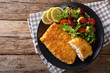 Fried Arctic char fish fillet in breadcrumbs and fresh vegetable salad close-up. horizontal top view