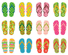 Set Of Colorful Vector Flip Flops, Beach Sandals For Summer Holidays