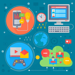Aufkleber - Social Network and Social Media flat concept design. Media icons in circles. Digital marketing infographics template banner design. Vector illustration.
