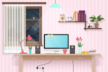 Fototapete - Female teenager room with workplace. Sweet girl style room interior design with furniture.