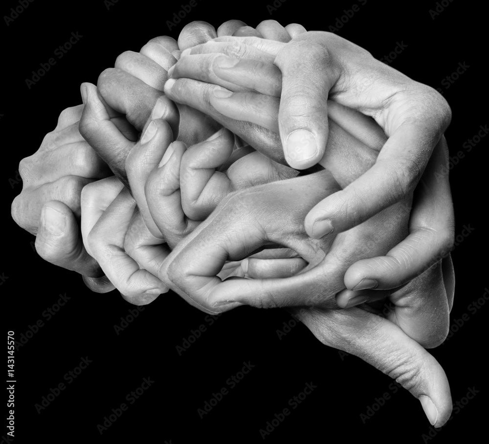 A human brain made ​​with hands, different hands are wrapped together to form a brain - obrazy, fototapety, plakaty 