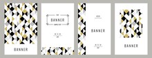 Trendy Geometric Cards With Abstract Seamless Pattern. Gold Black And White Triangle Pattern . Vector Illustration    
