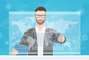 Poster - Bearded man touching the computer screen while browsing diagrams and the world map vector illustration.