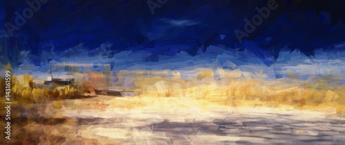 Abstract Panorama showing Church, small village and farmland