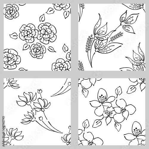 Vector set of floral illustration. Black and white seamless patterns