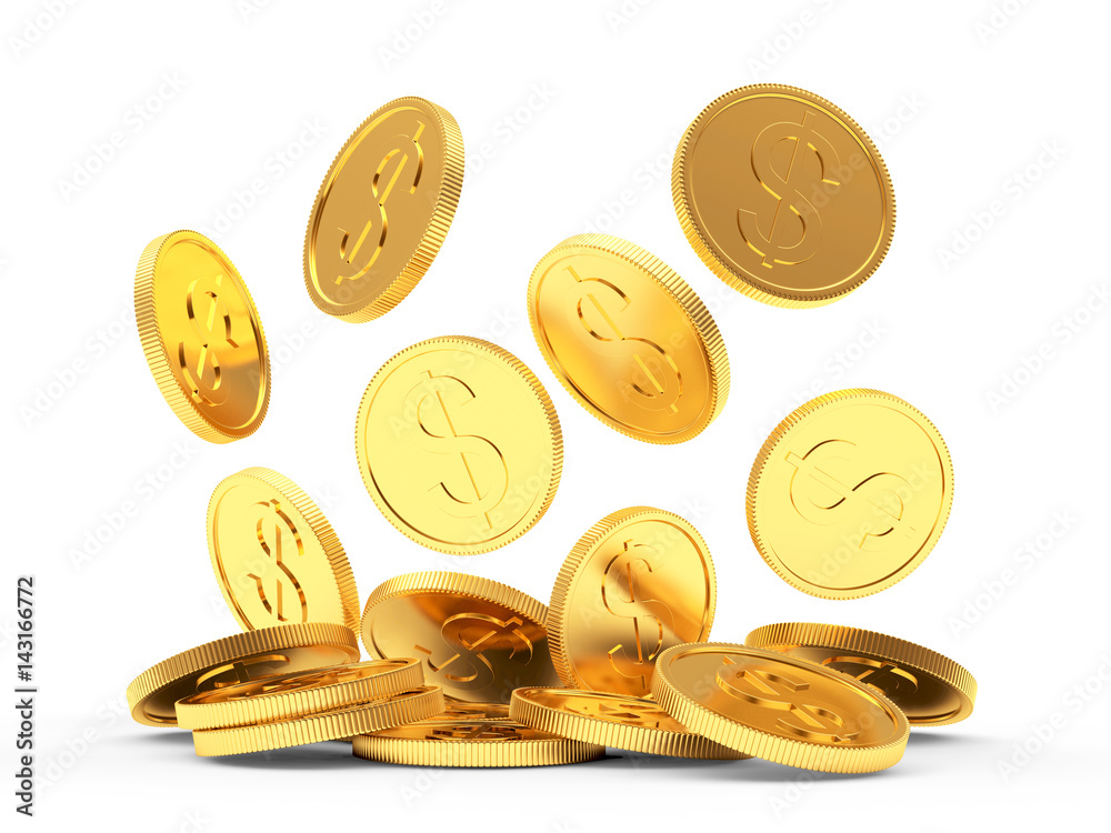 Pile of falling golden coins isolated on a white background. 3d ...