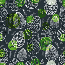 Seamless Pattern With Hand Drawn Ornamental Eggs And Colorful Scattered Confetti.