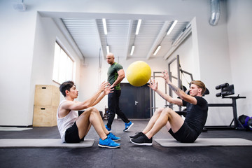 Poster - Men in gym with trainer exercising with medicine balls.