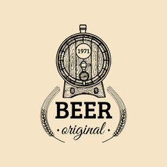 Wall Mural - Kraft beer barrel logo. Old brewery icon. Hand sketched keg illustration. Vector vintage lager, ale label or badge.