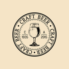 Wall Mural - Kraft beer glass logo. Old brewery icon. Lager cup retro sign. Hand sketched ale illustration. Vector vintage label.