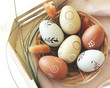 Decorative Easter Eggs in wooden Basket on Napkin in White Box