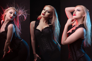 Beautiful woman in corset showing different poses. Studio shot with red and blue light