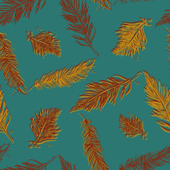  Seamless Pattern with Feathers. Vintage Artistically hand drawn stylized tribal feathers. Doodle Ink drawing. Boho style.