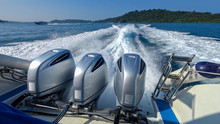 Three Powerful Engines Mounted On The Speedboat. Andaman Sea, Thailand.