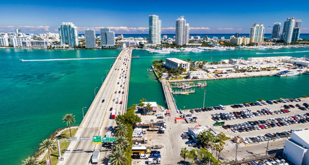 miami beach and macarthur causeway aerial view, florida - usa