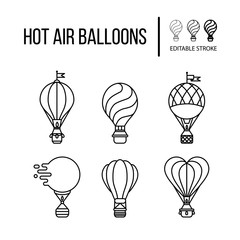 Hot air balloon line icon set. Outline vector illustration.