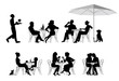 A vector illustration of group of people. Series of fashion people, men and women, sitting and drinking coffee in the street cafe.