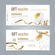 Vector set of modern gift vouchers with paper shopping bag, golden ribbons, small bow and tags. Layout for design gift card, coupon and certificate. Isolated from the background.