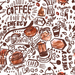 seamless ink doodle coffee pattern on white background with watercolor stains, hand drawn vector illustration