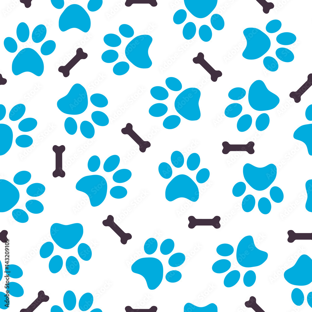 Seamless pattern of blue animal paws with bones