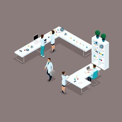 Wall Mural - Trendy isometric people, study lab, scientists, health care providers, research, experiments, analyzes, laboratory workers are isolated on a dark background