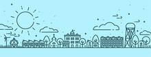 Small Town In Spring Scene - Outlined Vectors With Blue Background