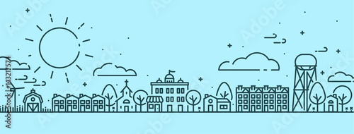 Fotomural Small Town in Spring Scene - Outlined vectors with Blue background