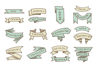 Sticker - Retro hand drawn cartoon vector ribbons with marketing messages isolated