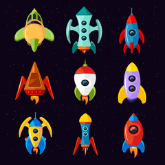 Poster - cartoon spaceships, rocket and futuristic spacecraft vector set