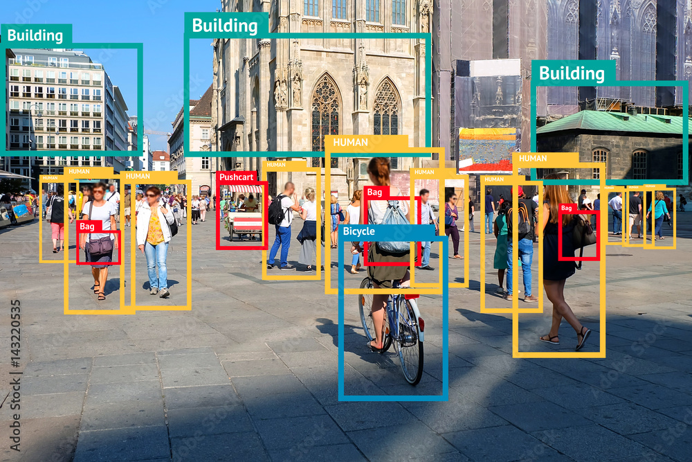 Machine Learning object detection and artificial intelligence concept. Application detect object in picture. (Blur human face) - obrazy, fototapety, plakaty 