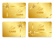 Gift card with gold ribbon set isolated on white background. Vector illustration.
