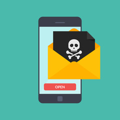 Poster - Back malware notification in email on mobile phone. Concept of spam data on cellphone fraud error message, scam, virus. Smartphone with skull bones alert. Flat vector illustration.