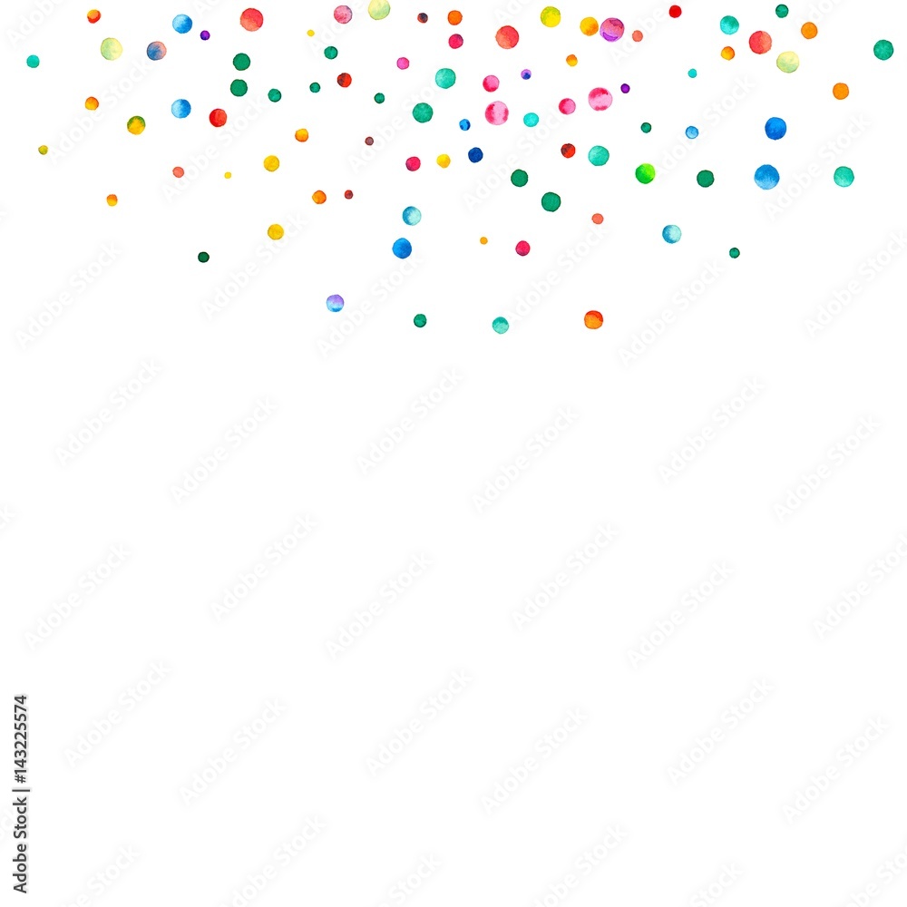 Dense watercolor confetti on white background. Rainbow colored watercolor confetti top semicircle. Colorful hand painted illustration.