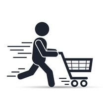 Running Man Pushing Shopping Cart Icon. Vector Illustration.