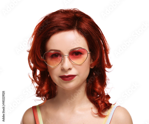 Beautiful Young Woman With Dyed Curly Hair And Heart Shaped