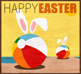 Wall Mural - happy Easter design with beach balls on wood grain texture