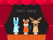 Childrens Performance In The Puppet Theater At The Theater With Price, Curtain And Scenery.
