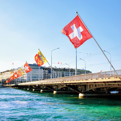 Poster - Geneva Lake and Mont Blanc bridge with many flags