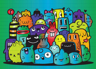 hipster hand drawn crazy doodle monster group,drawing style.vect