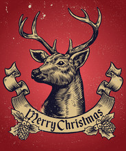 Hand Drawing Style Of Christmas Deer With Text Banner