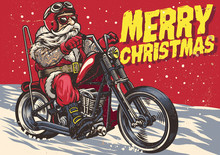 Senior Biker Wear Santa Claus Costume And Riding A Chopper Motorcycle