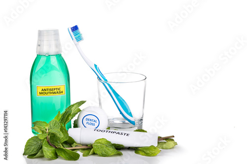 Fotografie, Obraz Oral care essential products tapered toothbrush, toothpaste, mouthwash, dental f
