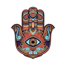 Multicolored Illustration Of A Hamsa Hand Symbol. Hand Of Fatima Religious Sign With All Seeing Eye. Vintage Boho Style. Vector Illustration In Doodle Zen Tangle Style