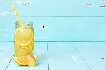 Wall Mural - Detox fruit infused flavored water. Refreshing summer homemade cocktail. Clean eating. Copy space