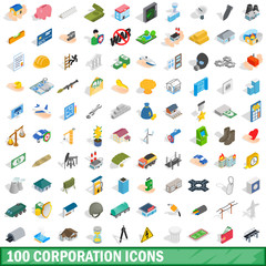 Poster - 100 corporation icons set, isometric 3d style